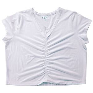 Loft Classic White Vneck T'Shirt Plus Size XXL Gathered Front Wardrobe Essential